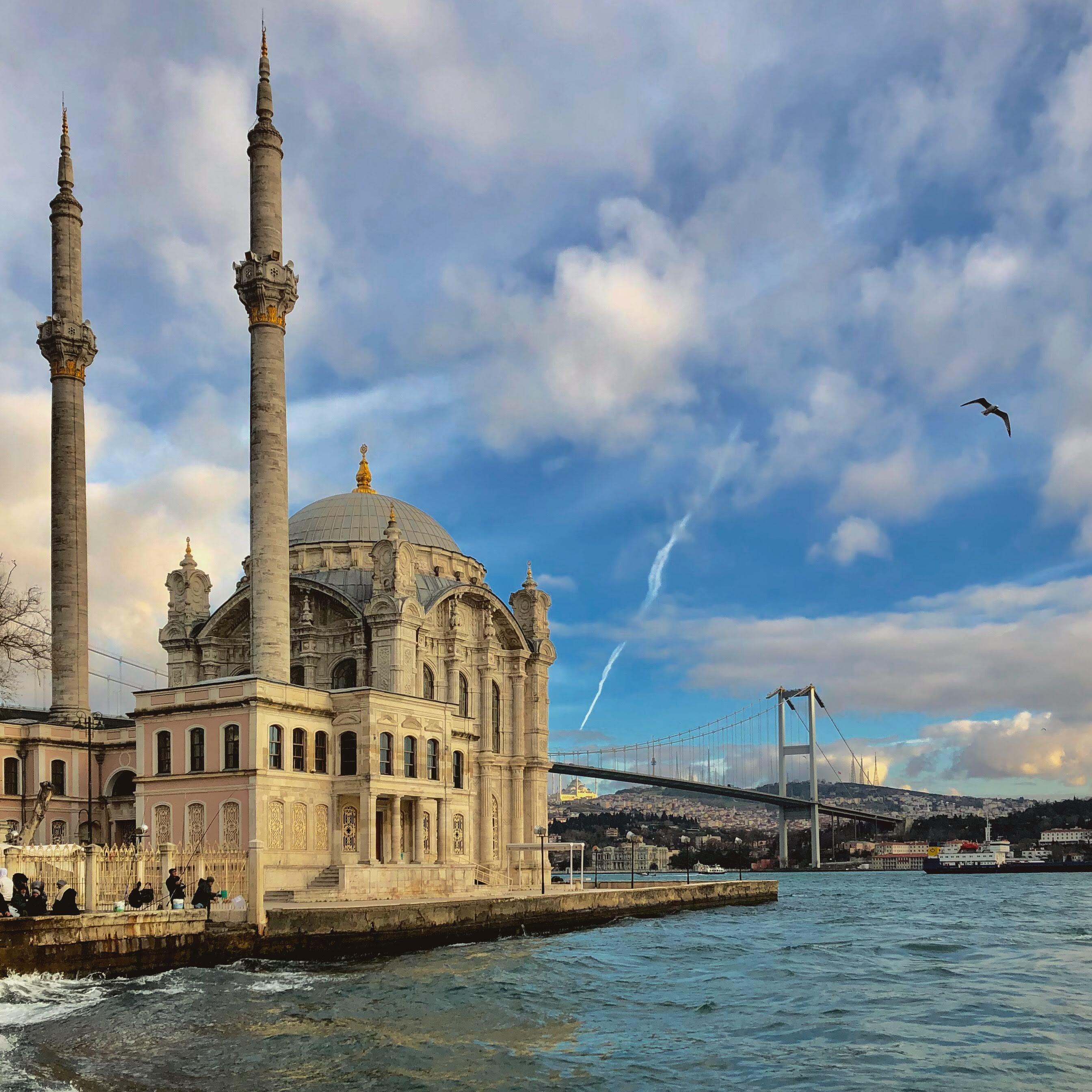 Ortakoy Mosque on the Bosphorus with bridge and dramatic clouds