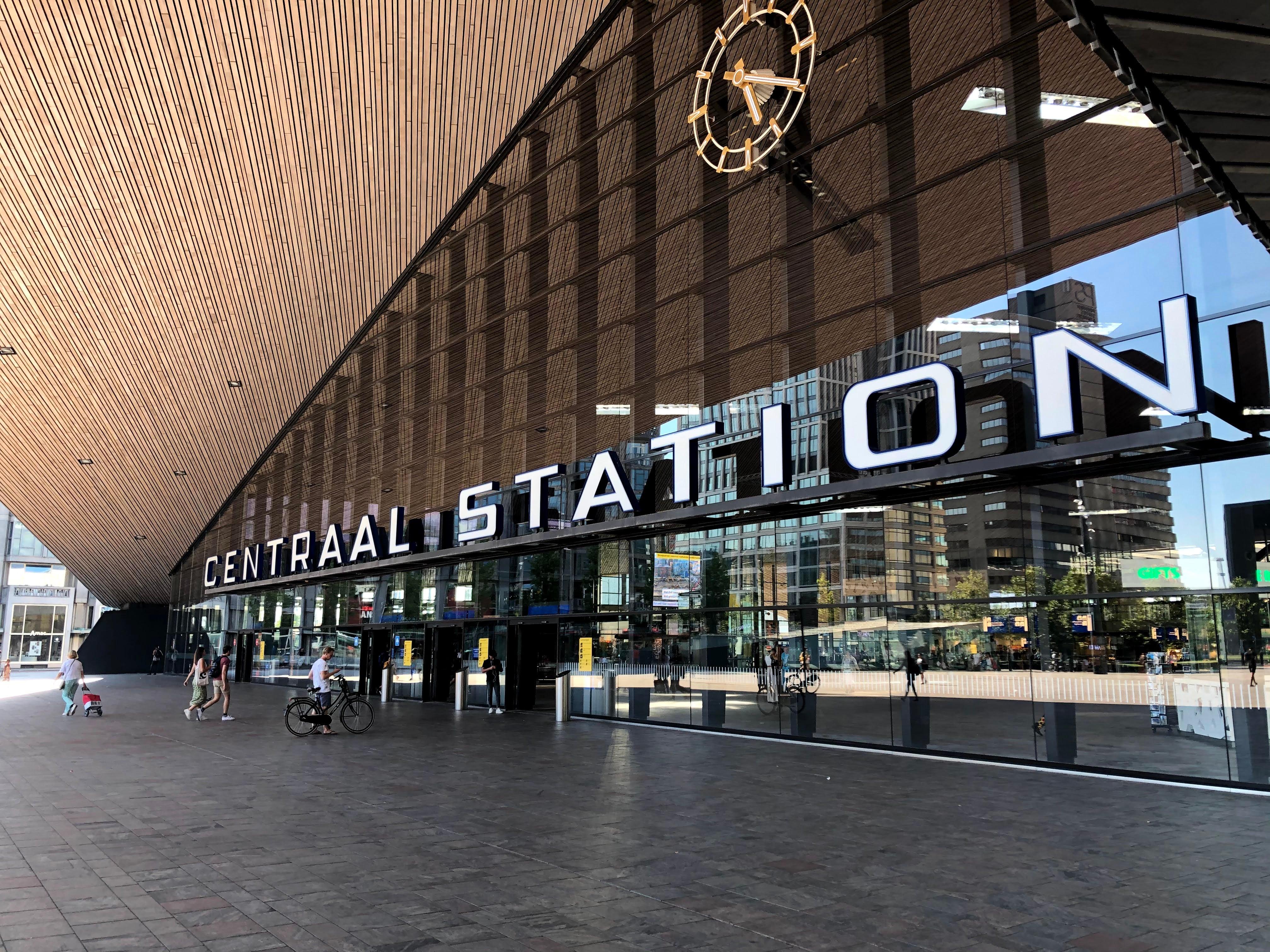 Rotterdam Centraal Station with modern wooden canopy and clock