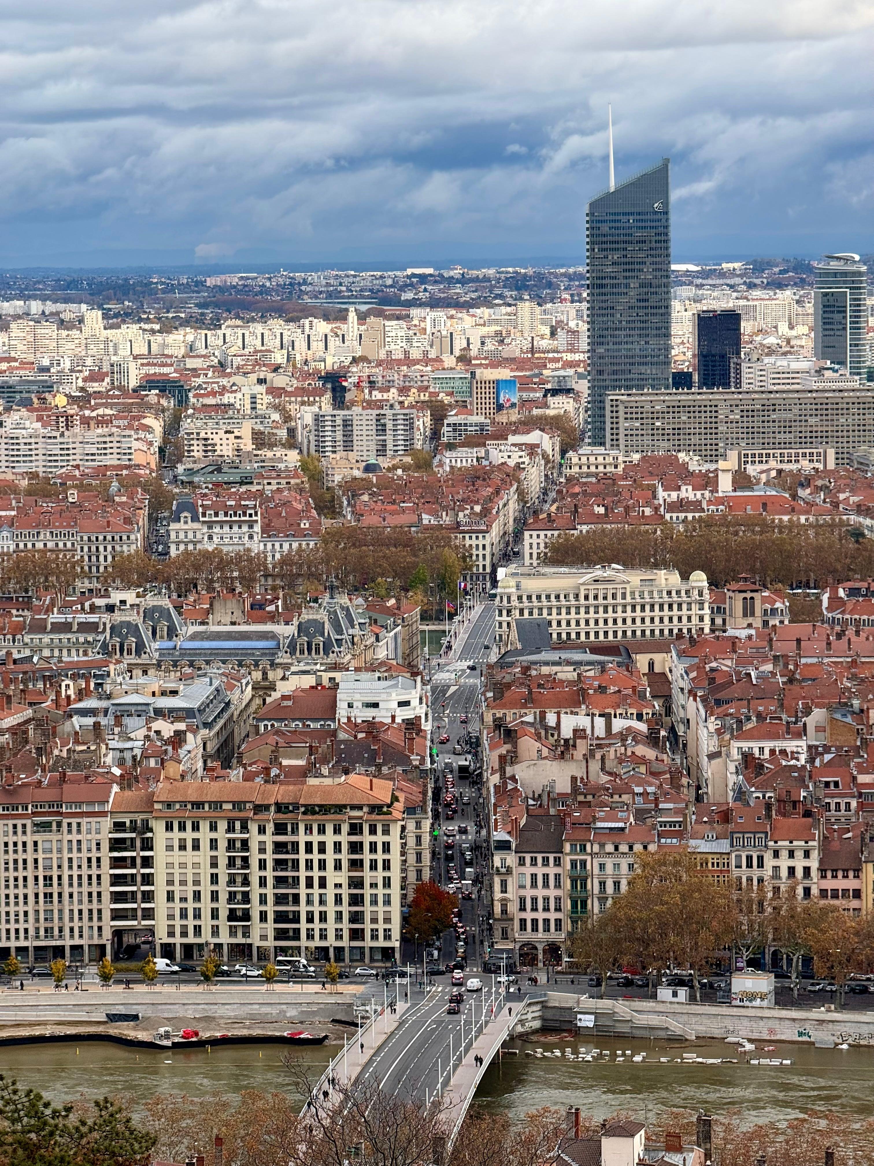 Elevated cityscape of Lyon with bridge and Incity skyscraper