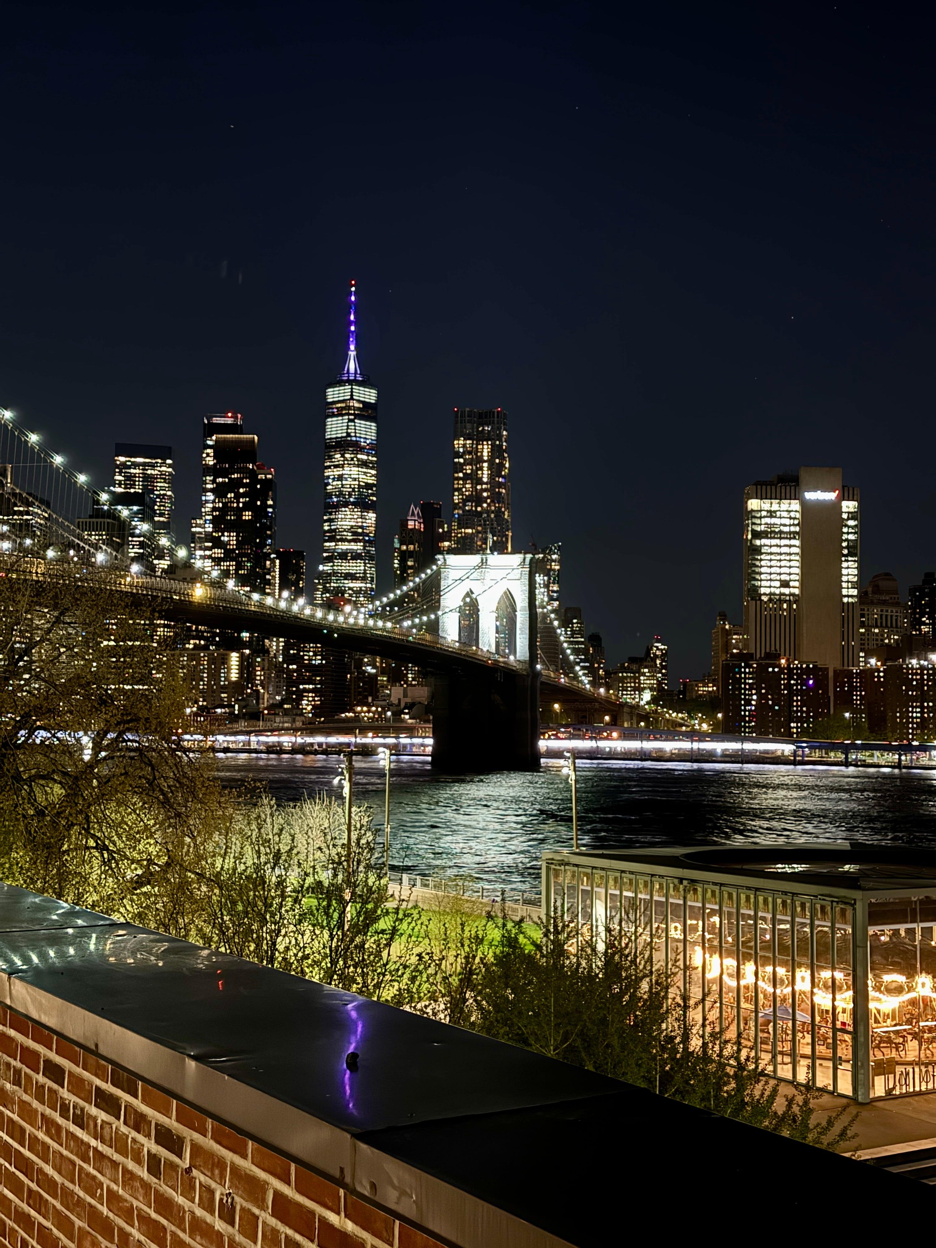Brooklyn Bridge and lower Manhattan skyline illuminated at night