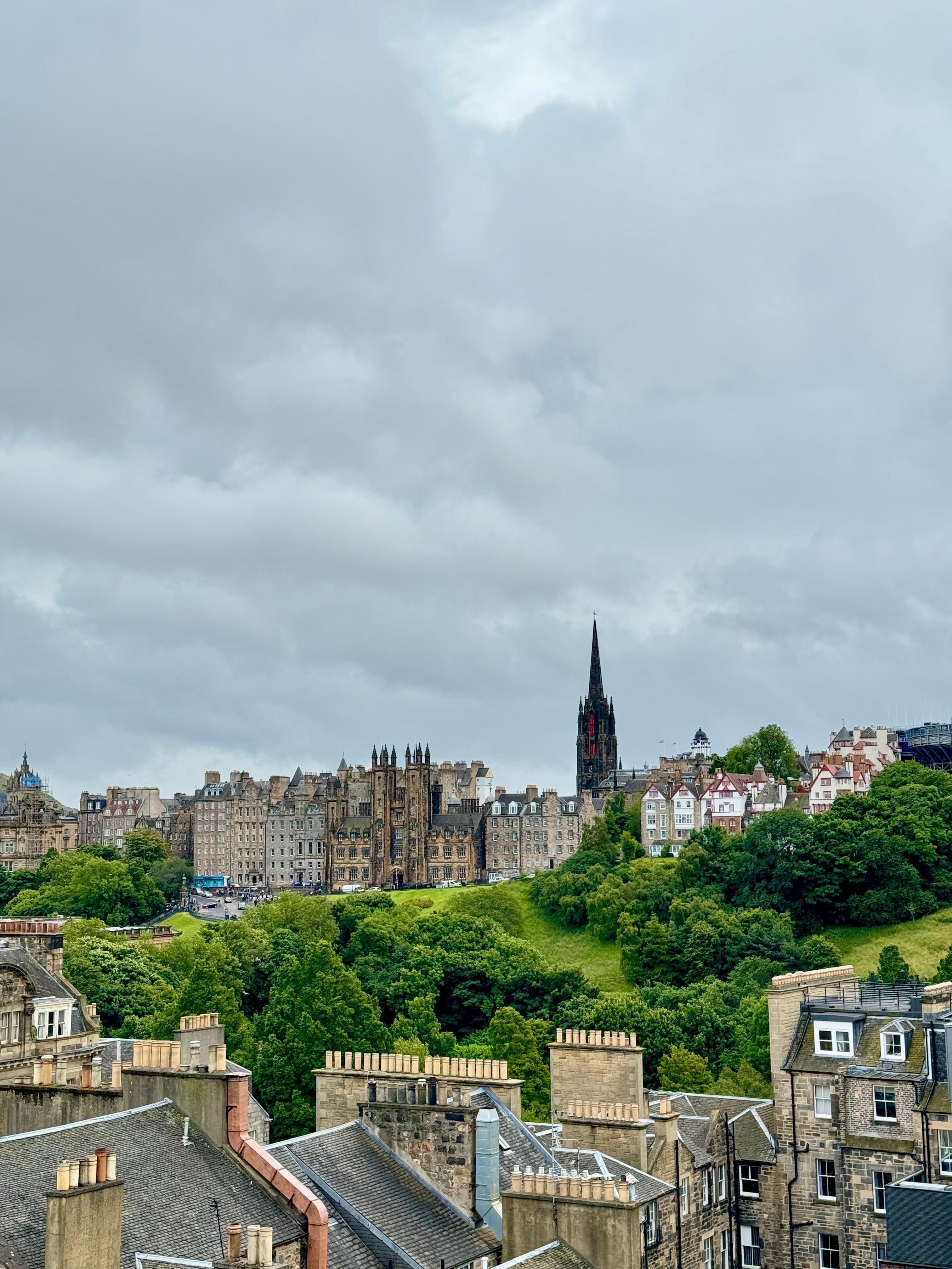 Edinburgh Old Town skyline with church spire under overcast skies